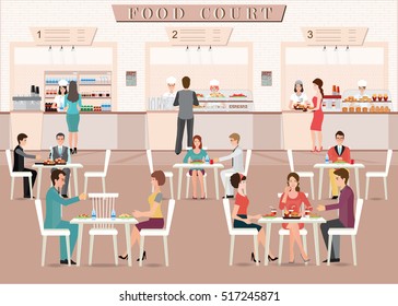 People eating in a food court in a shopping mall, character flat design vector illustration.