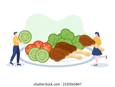 Las personas que comen comida en cada comida con beneficios de salud, dieta equilibrada, vegana, nutricional y comida deben comerse todos los días en un plano plano Ilustración