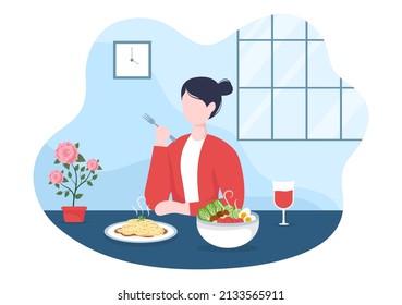 People Eating Food At Each Meal With Health Benefits, Balanced Diet, Vegan,  Nutritional And The Food Should Be Eaten Every Day In Flat Background Illustration