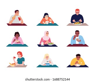 People eating food flat vector illustrations set. Young adults enjoying delicious meals, healthy and unhealthy snacks. Men and women sitting at tables isolated cartoon characters kit