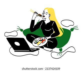 People Eating Food. Girl Eating Sushi With Chopstick, Traditional Japanese Food. Woman Watching Series On Laptops, Comfortable Evening At Home, Entertainment. Cartoon Flat Vector Illustration