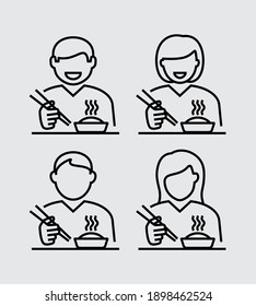 People Eating Food Hand Holding Chopsticks Vector Line Icons