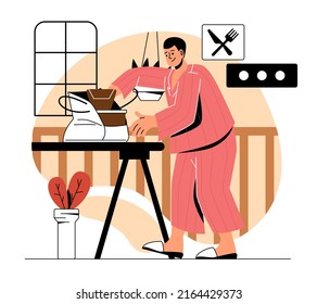 People eating food at home. Man takes out products from package, home delivery and modern services. Character in kitchen, routine and household chores concept. Cartoon flat vector illustration