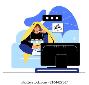 People eating food at home. Young girl watching television with ice cream and popcorn. Rest after work or study, student watching series and movies in evening. Cartoon flat vector illustration svg