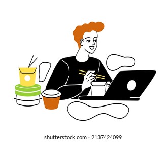 People eating food. Man with chopsticks eats in front of laptop. Young guy watches TV shows, modern technology and comfort. Takeaway food packages and drinks. Cartoon flat vector illustration