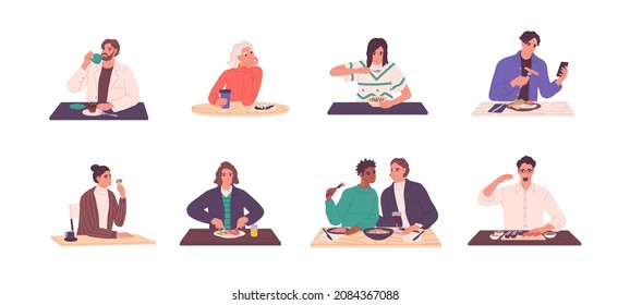 People eating food at tables set. Men and women having meal, breakfast, lunch and dinner. Characters with coffee, noodles, sushi and desserts. Flat vector illustrations isolated on white background