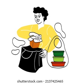People eating food. Young guy puts boxes of groceries in bag. Modern service and takeaway. Containers and right diet. Healthy lifestyle, character going to work. Cartoon flat vector illustration