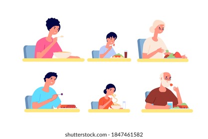 People eating. Girl eat noodle, young adult woman man in cafe or restaurant. Fast food, breakfast dinner or lunch utter vector characters