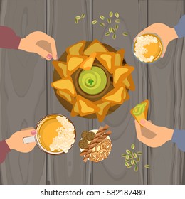 People eating guacamole and nachos and drinking beer on wooden table. Top view Vector illustration eps 10.