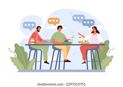 People eating healthy food. Family members or friends eating dishes made of fresh ingredients, vegetables and fruits. Homemade organic nutritions full of vitamins. Flat vector illustration