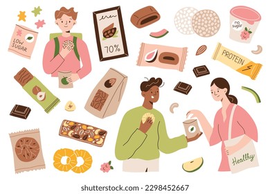 People eating healthy food, hand drawn collection of packaged sweets and snacks, doodle icons of low sugar, preservative free and organic snacks, vector illustrations of protein bars and dried fruit