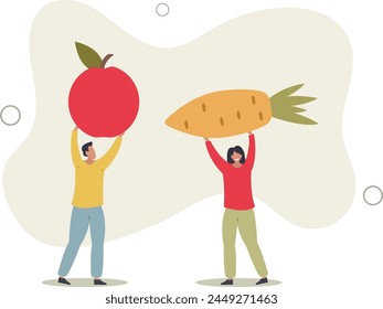 people eating healthy fruits and vegetables concept of diet and vegetarianism.flat vector illustration