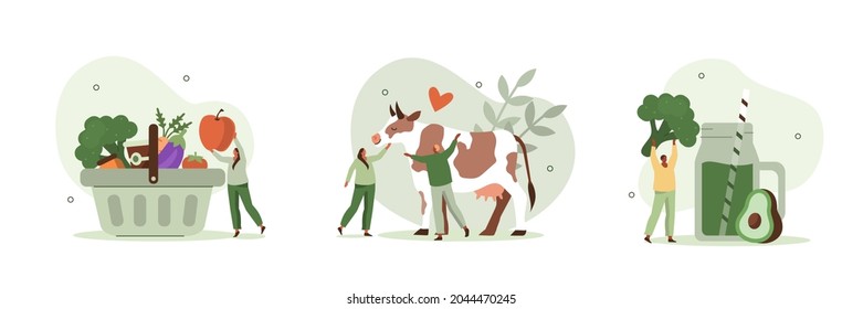 People eating healthy vegan diet with fresh vegetables and drinking green smoothie. Characters love animals and hugging a cow. Vegan lifestyle concept. Flat cartoon vector illustration and icons set.
