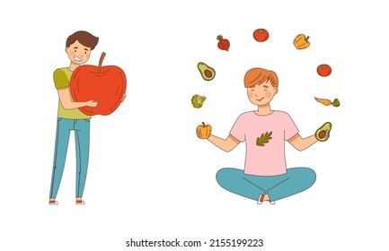 People eating healthy vegetarian food. Man carrying and juggling fruit and vegetables. Healthy lifestyle, vegetarian diet cartoon vector illustration