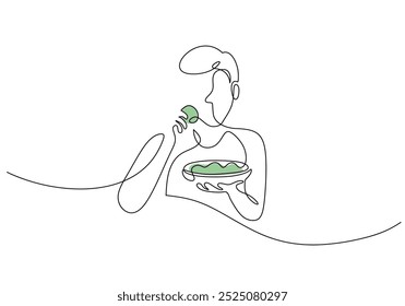 People eating and holding food continuous one line drawing. Young man eat meal with plate. Vector illustration minimalist background.