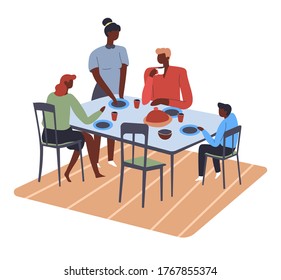 People eating at home, family sitting by table. Parents and kids having dinner, drinking tea. Mother and father with children. Characters on weekends or holidays enjoying meal, vector in flat