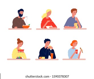 People eating. Hungry characters with different food vector person eating flat pictures