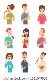 La gente come. Personas hambrientas con diferentes alimentos y bebidas pastel spaghetti frutas hotdog Burger imágenes vectoriales