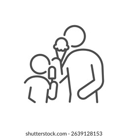 People eating ice cream icon. Thin line editable stroke illustration for summer dessert, family bonding, childhood joy, frozen sweets and leisure moments, father or mother and child