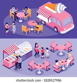 People eating ice cream at street cafe and near van 3d isometric banners set isolated vector illustration