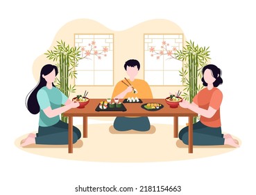 People Eating Japanese Food in the Restaurant with Various Delicious Dishes such as Sushi on a Plate, Sashimi roll and Other in Flat Style Cartoon Illustration