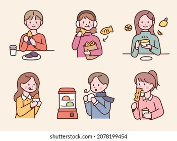 People are eating Korean winter snacks or desserts. cute characters. flat design style vector illustration.