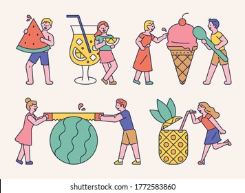 People are eating large juices and ice cream. flat design style minimal vector illustration.