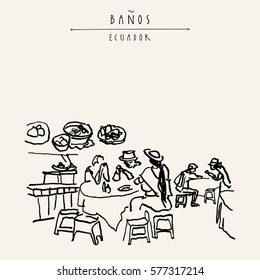 People eating at a market food court in Banos de Agua Santa, Ecuador, South America. Ethnic style American indians wearing hats. Vintage hand drawn touristic postcard in vector