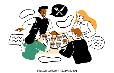 People eating at office. Group of young students take cupcakes from tray. Guys and girls eat delicious food in restaurant or cafe, joint rest after work or study. Cartoon flat vector illustration