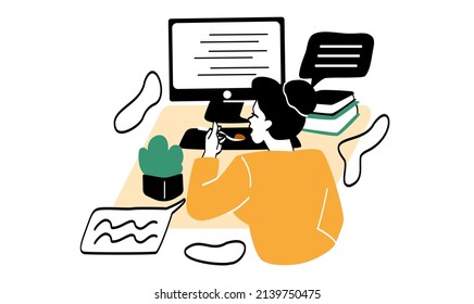 People eating at office. Young girl looks at computer monitor and eats dish. Homemade food and regular meals, diet and nutrition. Lunch break and rest at work. Cartoon flat vector illustration