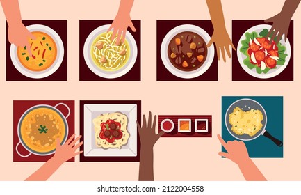 people eating on communal table concept
