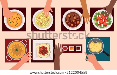people eating on communal table concept