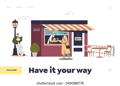 People eating and ordering in outdoor cafe takeaway food and coffee during covid-19 pandemic. Template landing page design with cafe customers in masks. Flat vector illustration