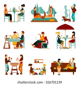 People eating out and an homes flat icons set isolated vector illustration