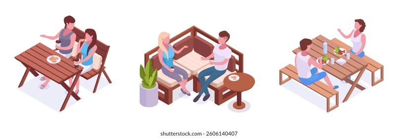 People eating outdoor. Isometric characters spending time on backyard, summerhouse garden furniture and chilling people 3d vector illustration set. Relaxing characters