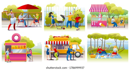 People eating outdoor set of vector illustrations. Street food eaters festival, people eat at vans or stalls, buying homemade meals at outdoor cafes or restaurant, picnic in nature. Street food at
