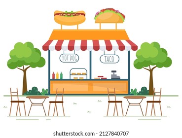 People Eating in Outdoor Street Food Serving Fast Food Like Pizza, Burger, Hot Dog or Tacos in Flat Cartoon Background Poster Illustration