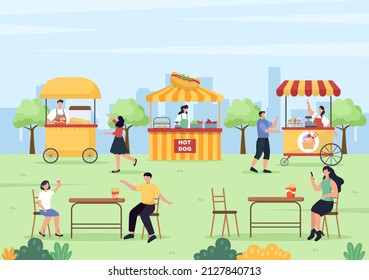 Leute, die in der Outdoor-Street Essen servieren Fast Food wie Pizza, Burger, Hot Dog oder Tacos in flach Cartoon-Hintergrund Poster-Illustration