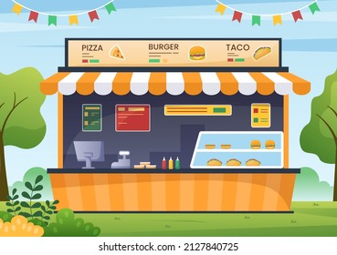 People Eating in Outdoor Street Food Serving Fast Food Like Pizza, Burger, Hot Dog or Tacos in Flat Cartoon Background Poster Illustration