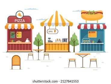 People Eating in Outdoor Street Food Serving Fast Food Like Pizza, Burger, Hot Dog or Tacos in Flat Cartoon Background Poster Illustration