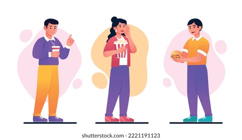 People eating pack. Collection of characters with fast food. Men with hamburger and cocktail or soda and young girl with popcorn. Cartoon flat vector illustrations isolated on white background