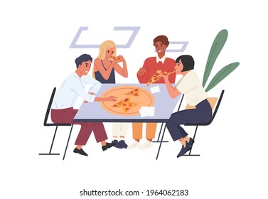 People Eating Pizza At Desk During Collective Office Lunch. Happy Colleagues Sitting At Dining Table. Employees Resting Together During Break. Colored Flat Vector Illustration Isolated On White