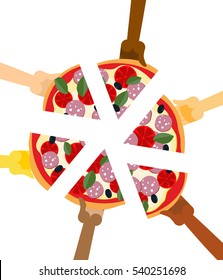 People eating pizza. Hands holding slice of pie. Friendship illustration. Joint lunch
