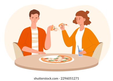 La gente come pizza. Hombre y mujer sentados en la mesa en la cafetería o la pizzería. cocina italiana y comida rápida. Amigos y estudiantes pasan tiempo juntos. Dibujo vectorial plano de dibujos animados