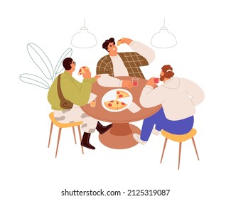 People eating pizza at table. Men friends having meal together in cafe. Happy guys meeting in pizzeria, sitting and talking at lunch time. Flat vector illustration isolated on white background