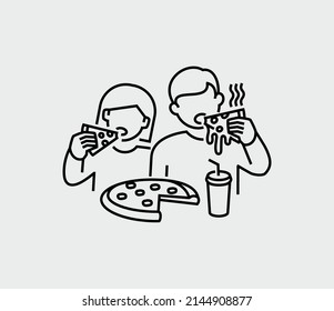 People Eating Pizza Vector Line Icon