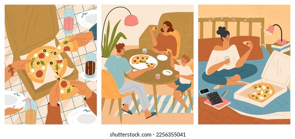 People eating pizza vector scene isolated set