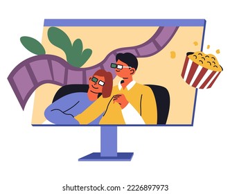 People eating popcorn, wearing 3d glasses watching movies in cinema. Couple entertaining at home looking at streaming online services that shows films and series in web. Vector in flat style
