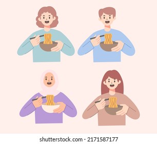 People Eating Ramen Noodle Illustration