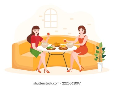 People Eating in Restaurant Greek Cuisine Delicious Dishes Traditional or National Food in Hand Drawn Flat Cartoon Template Illustration